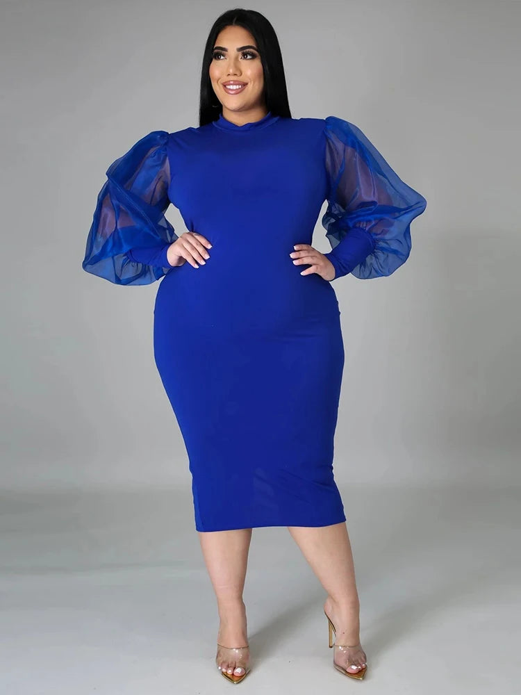Newton Plus Size Solid Color Spring Mesh Lantern Long Sleeve Dress