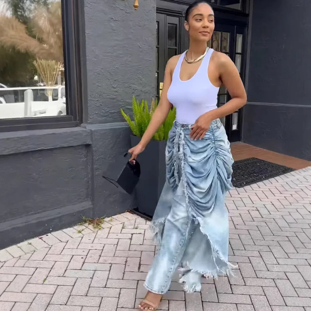 Absecon Ruched Frayed Trim Casual Contrast High Street Vintage Casual Asymmetric Denim