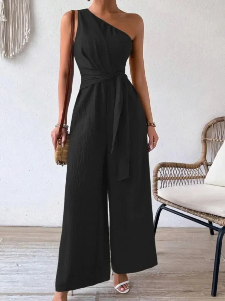 Detroit Fashion Sleeveless Diagonal Collar High Waist Lace-up Wide Leg Jumpsuits