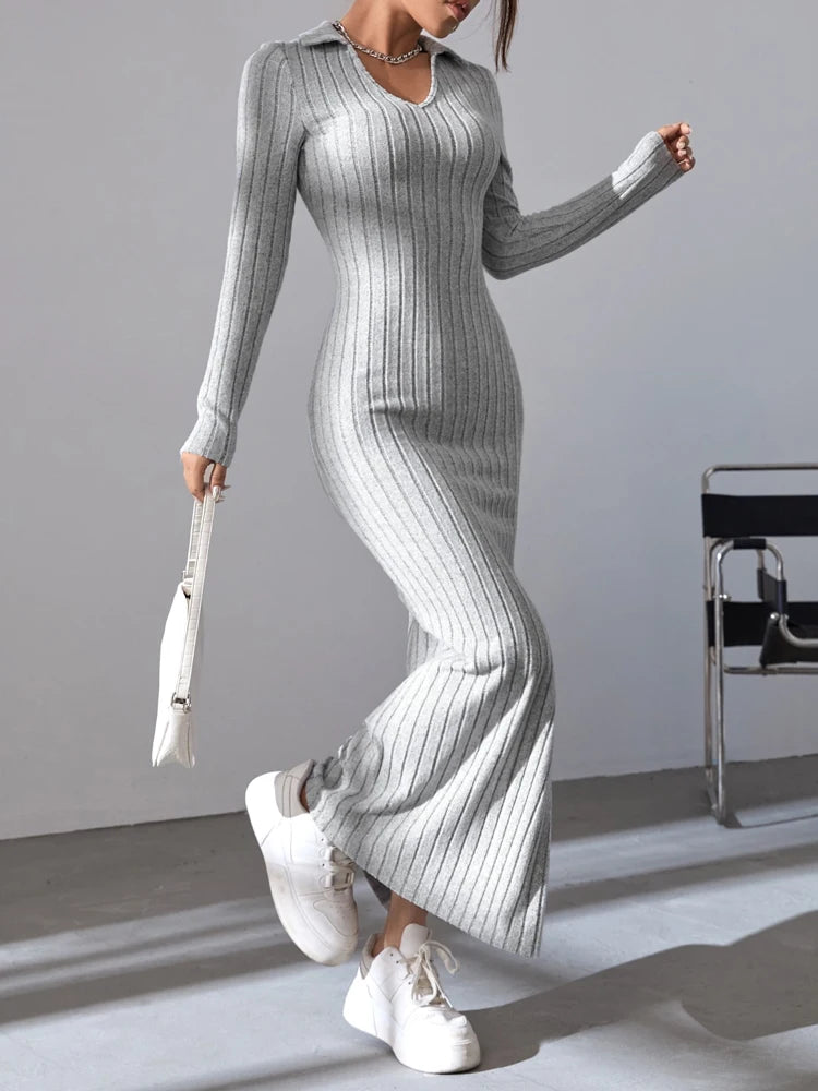 Virginia Knit V Neck Reverse Neck Split Falls Dress