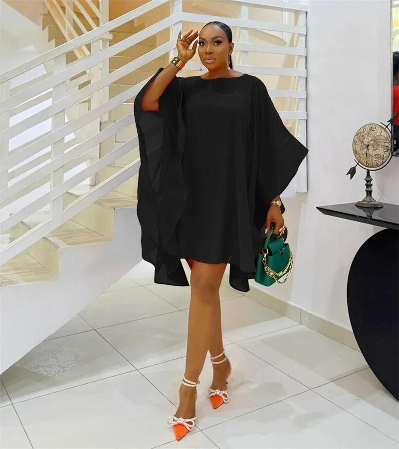Dover Solid Color Chiffon Elegant O Neck Batwing Sleeve Loose Straight Mini Dress