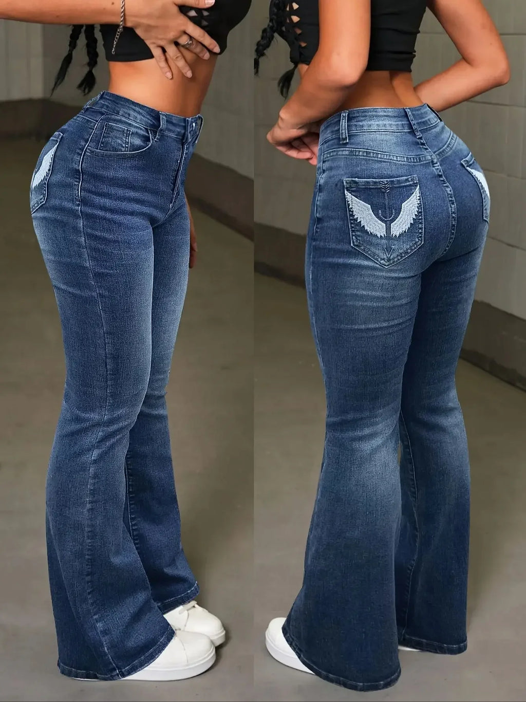 Dennis Stretchy High Waist Wings Embroidered Flare Leg Jeans