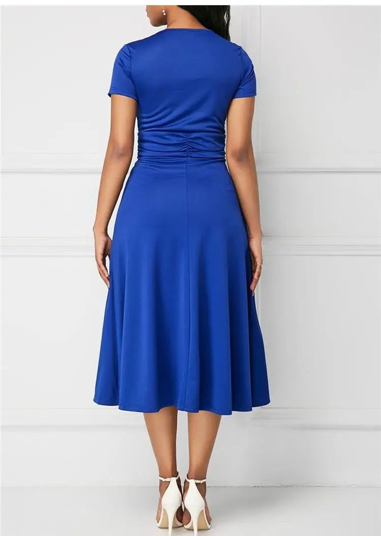 Seattle Solid Color Short Sleeve V Neck Asymmetric Hem Waist Midi Party Dress