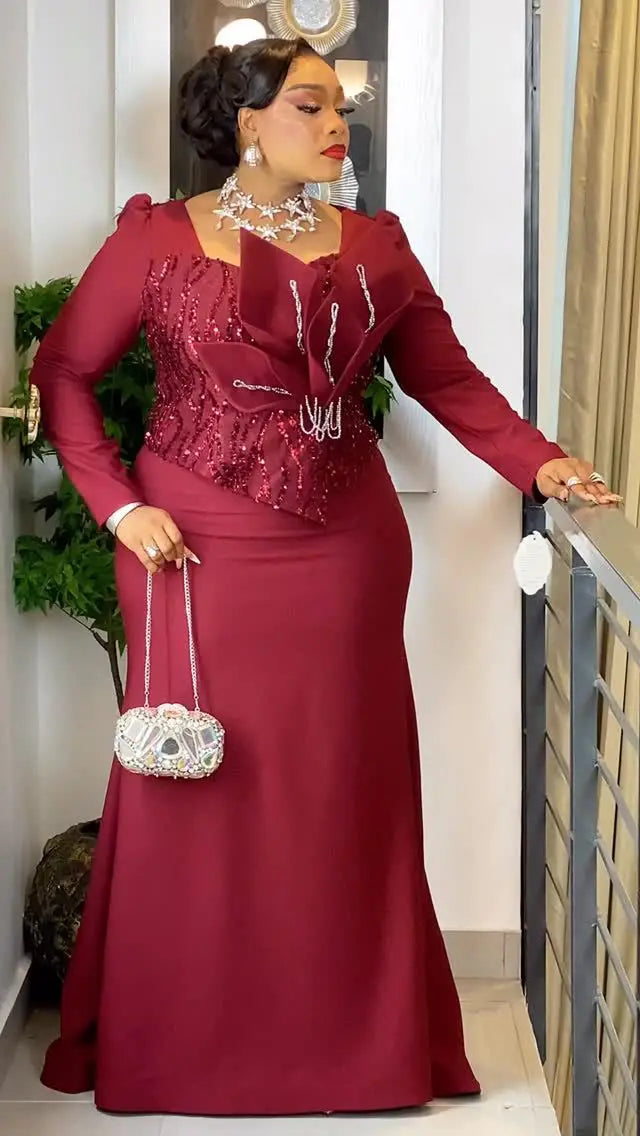 Virginia Plus Size Burgundy Sequin Fishtail Long Sleeved Dress