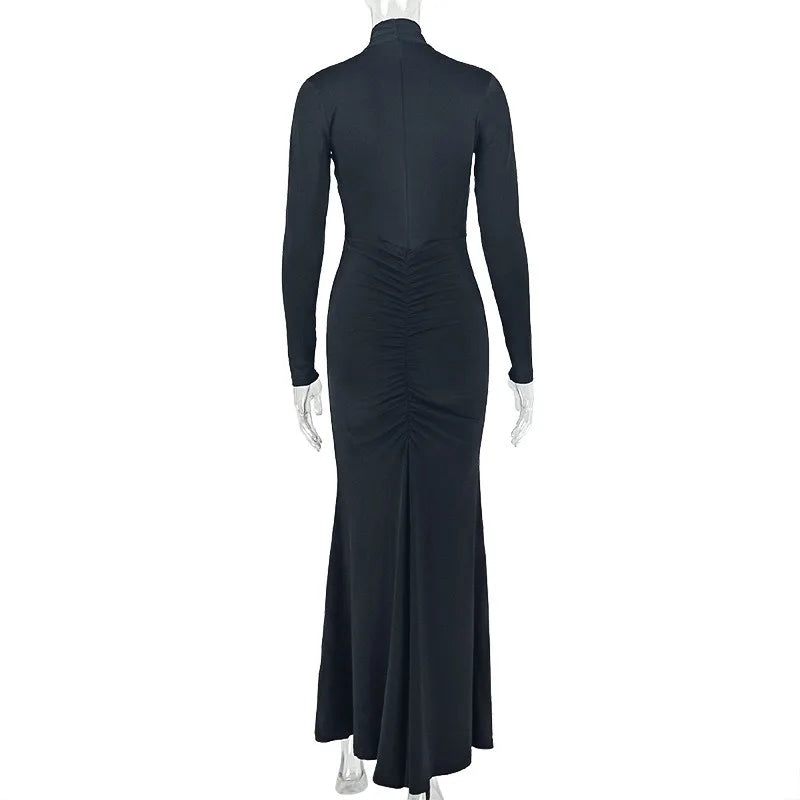Bedford Turtleneck Hollow Out Chest Wrapped Long Sleeve Pleated Bodycon Long Dress