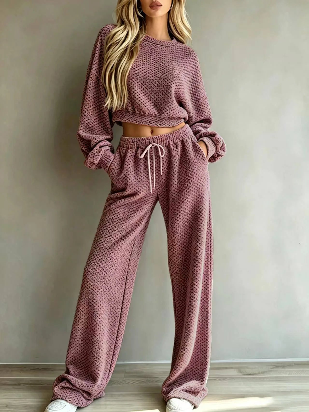 Eimy Long Sleeve Textured Lounge Wear Two Piece Sets