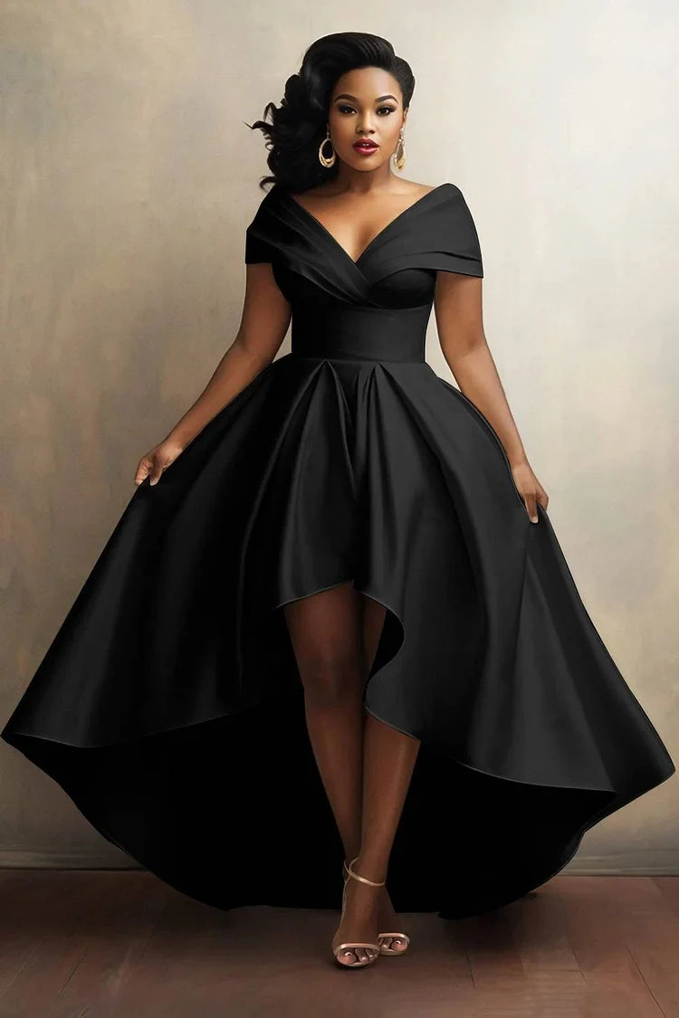 Noho Satin Off Shoulder Aysmmetry Hem Elegant Casual Short Sleeve Cocktail Maxi Dress