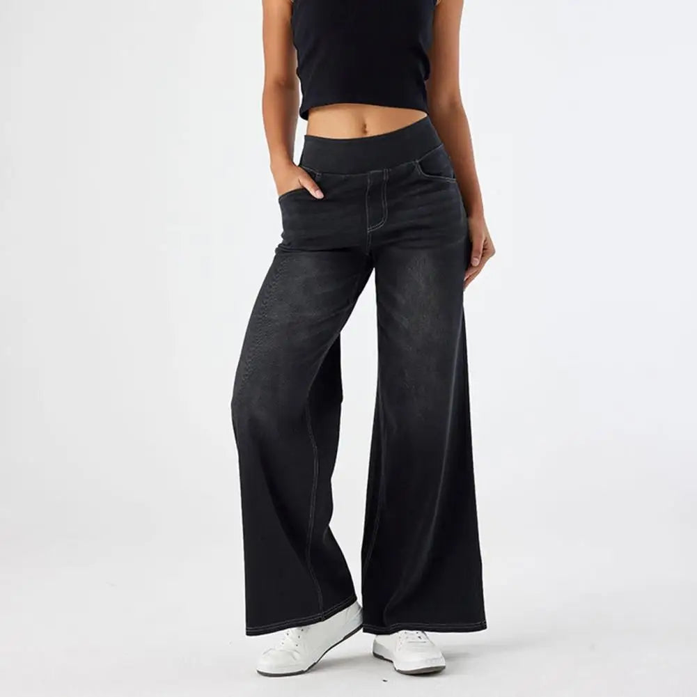 Women Jeans with Pockets Elastic Casual High Waist Wide-leg Jeans Solid Color Full