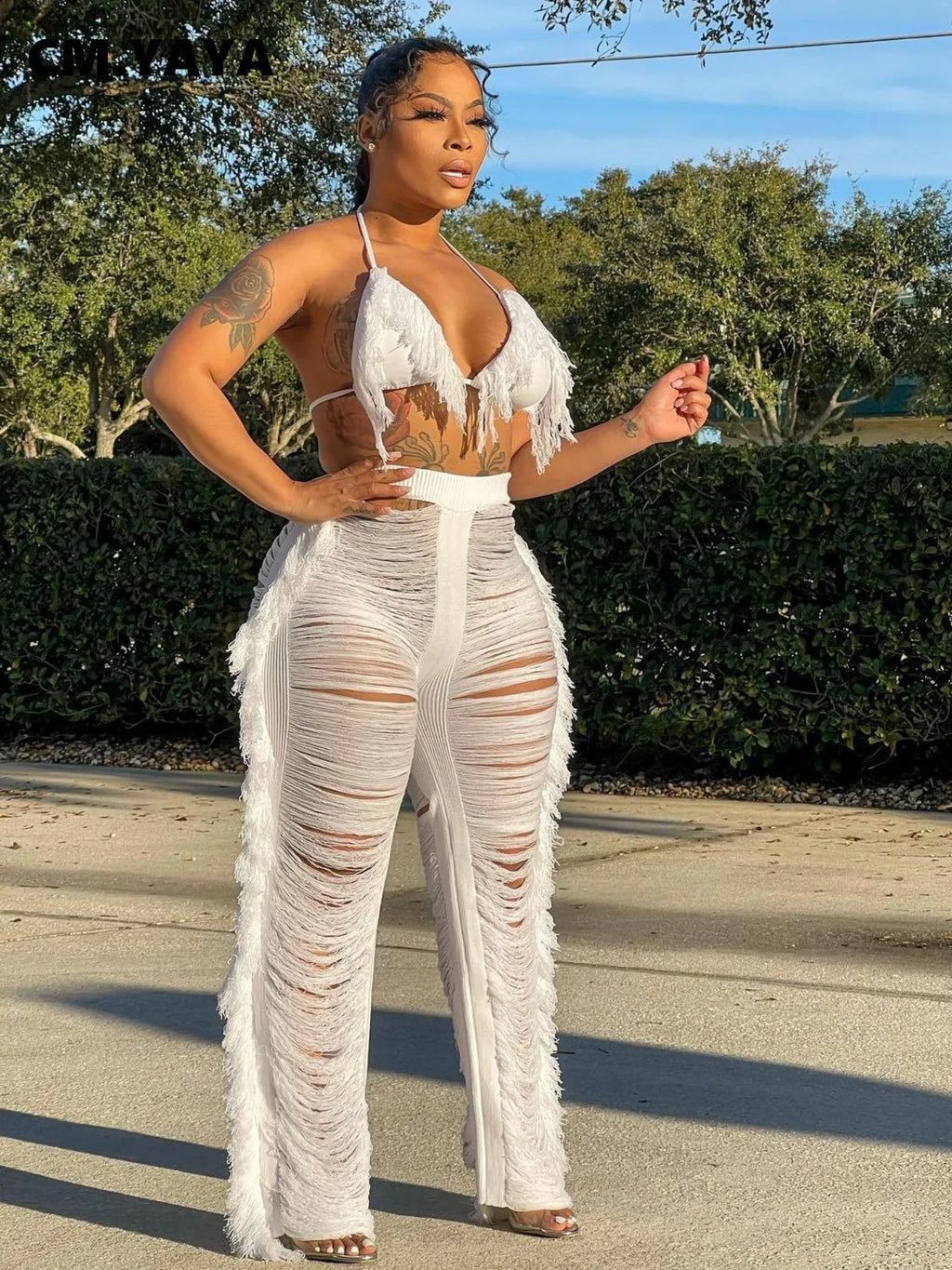 Maya Sexy Beach Tassel Crop Hole Wide Leg Two Piece Sets
