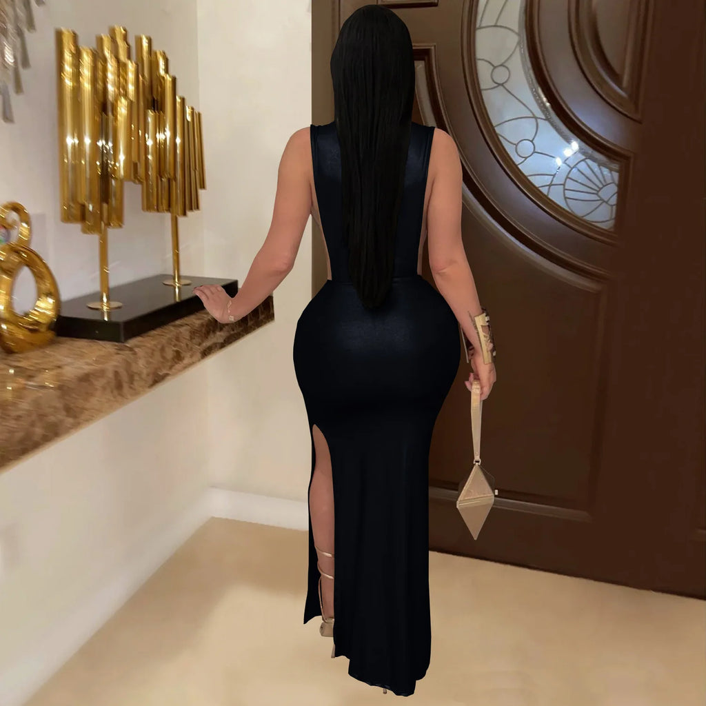 Hudson Square Side Split Ruched Sleeveless Waistless Silky Sexy Metal Button Ribbon Dress