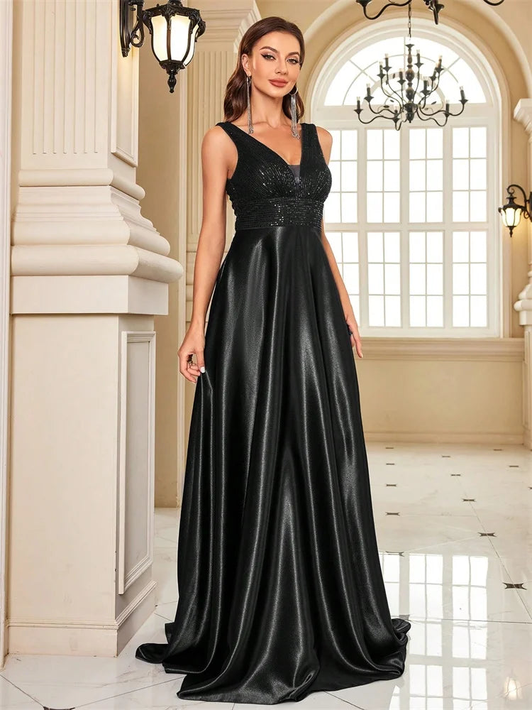 Oklahoma Elegant Sequins Evening Deep V-neck Satin Prom Party Dress