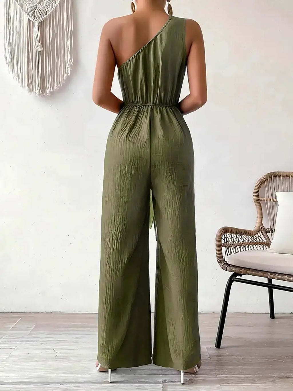 Detroit Fashion Sleeveless Diagonal Collar High Waist Lace-up Wide Leg Jumpsuits