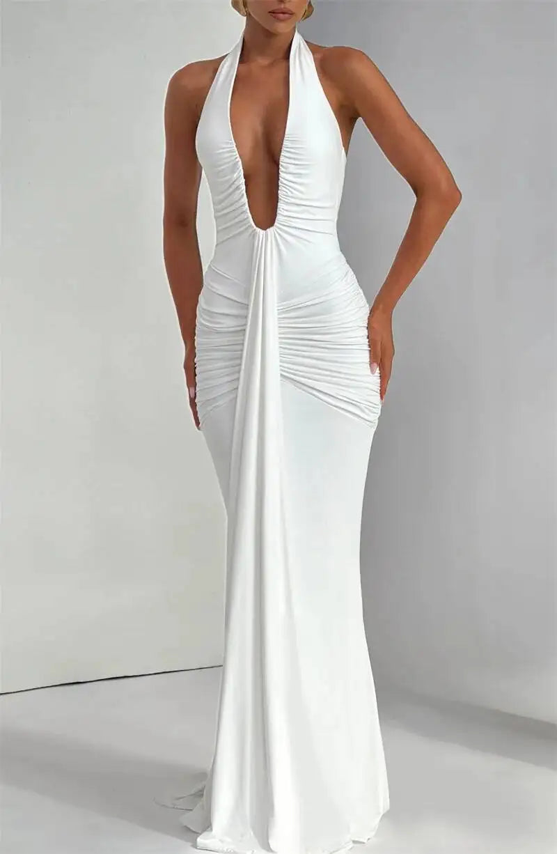 Deep V Neck Draped Ruched Sexy Halter Sleeveless Backless Club Party Long Dress