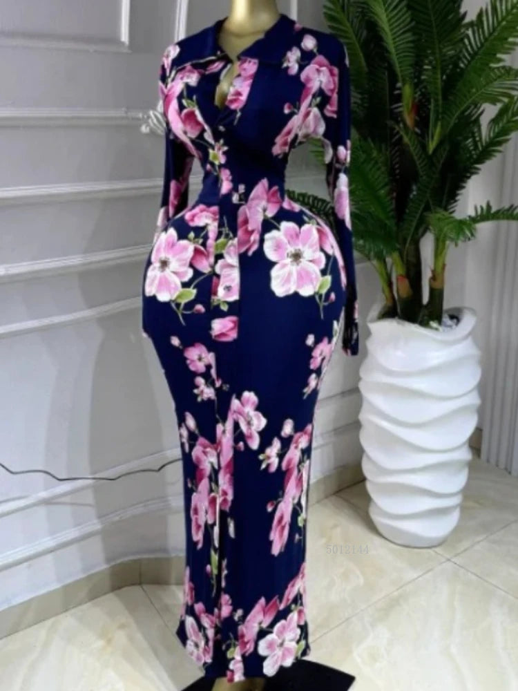 Full Sleeve Floral Print Bodycon Elegant Long Dress