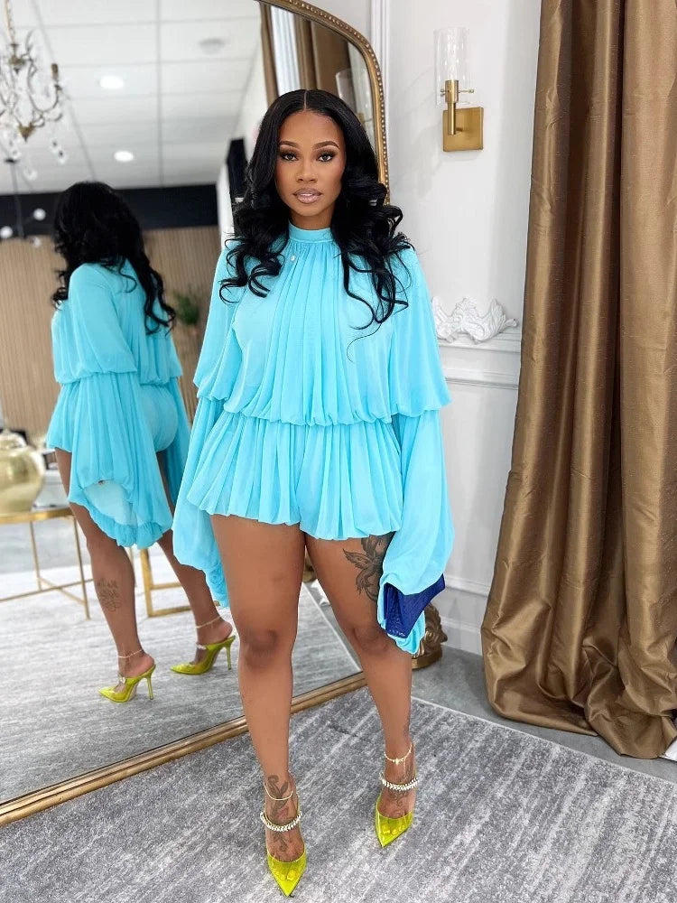 Ana Solid Ruffled Shorts Lantern Sleeves Two Piece Sets