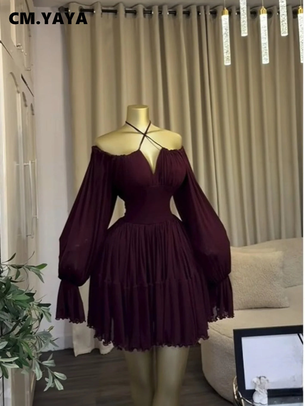 Saint Louis SL Flare Long Sleeve Strapless Halter Pleated Mini Dress