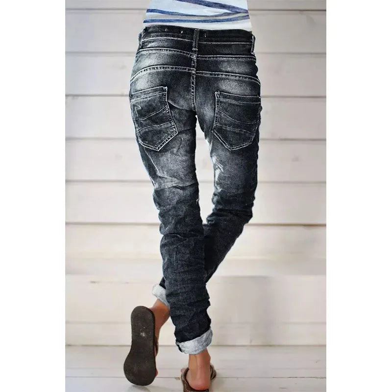 Jeans for Women Drawstring Elastic-waisted Jeans Casual Button Baggy Jeans