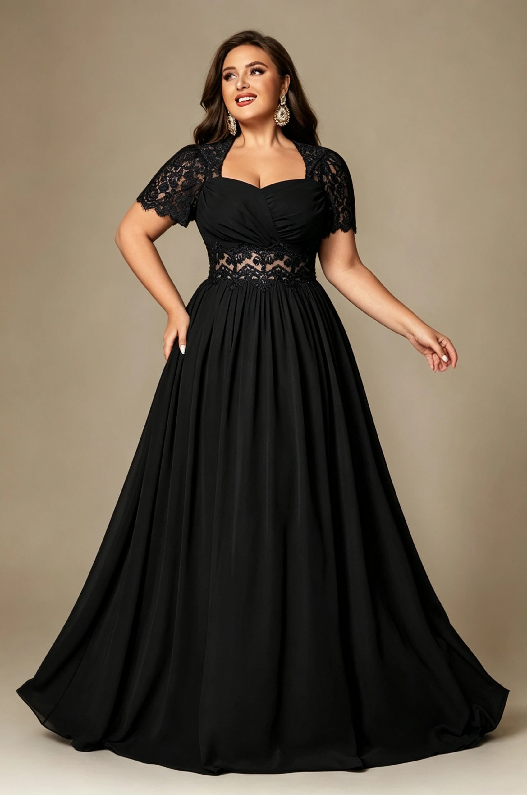 Paterson Plus Size A Line Lace Short Sleeved Formal Evening Gown Sheer High-Waisted Maxi Dress