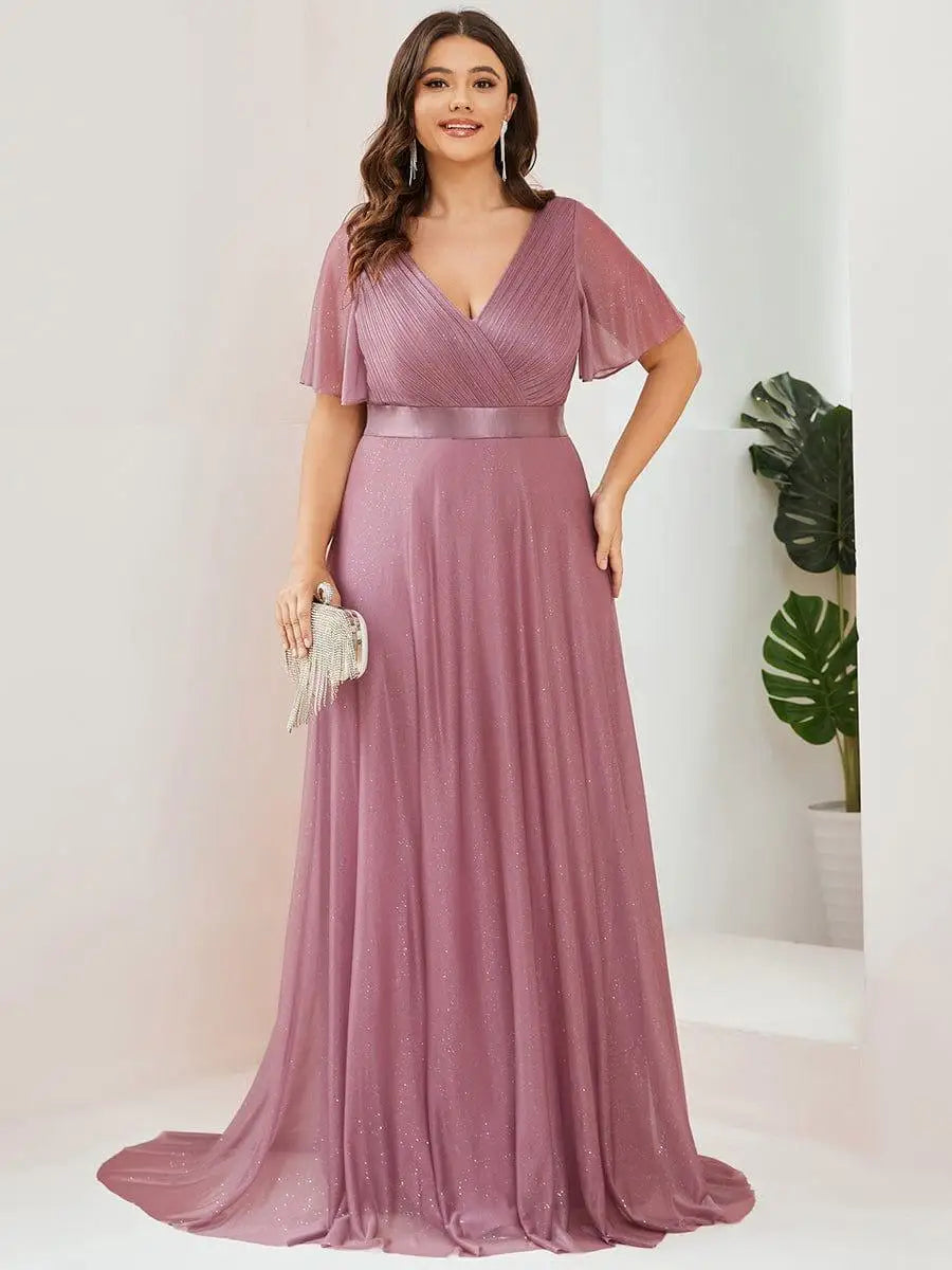 Gazcue Plus Size Chiffon Mother of the Bride Party Glitter V Neck A Line Dress