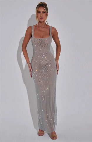 Bellport Sequins Backless Gown Sparkle Square Collar Sleeveless Bodycon Long Dress