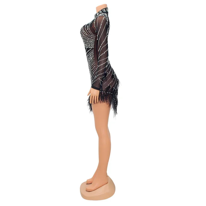 Whippany Pearls Rhinestone Party Elegance Nightclub Feather Mini Dress