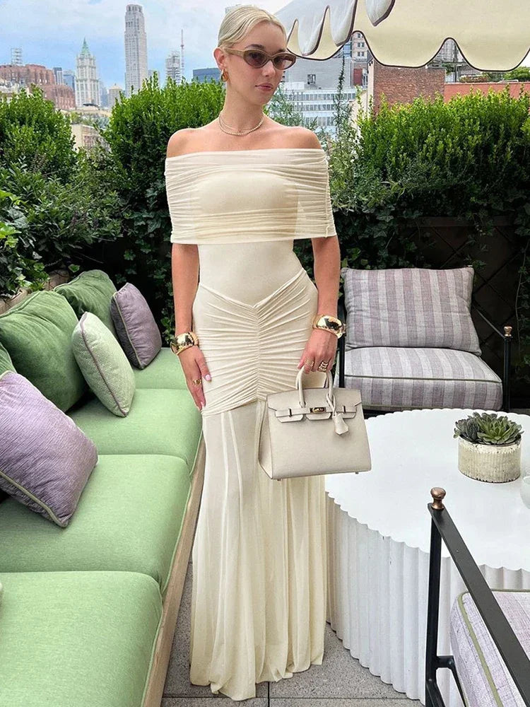 Cowen Off Shoulder Mesh Apricot See Through Ruched Dress