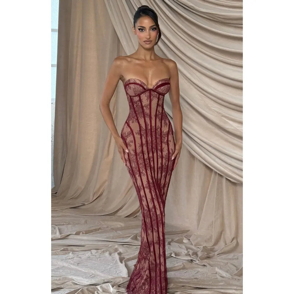 Belvidere Elegant Lace Strapless Waist Cinching Long Dress with Heart-Shaped
