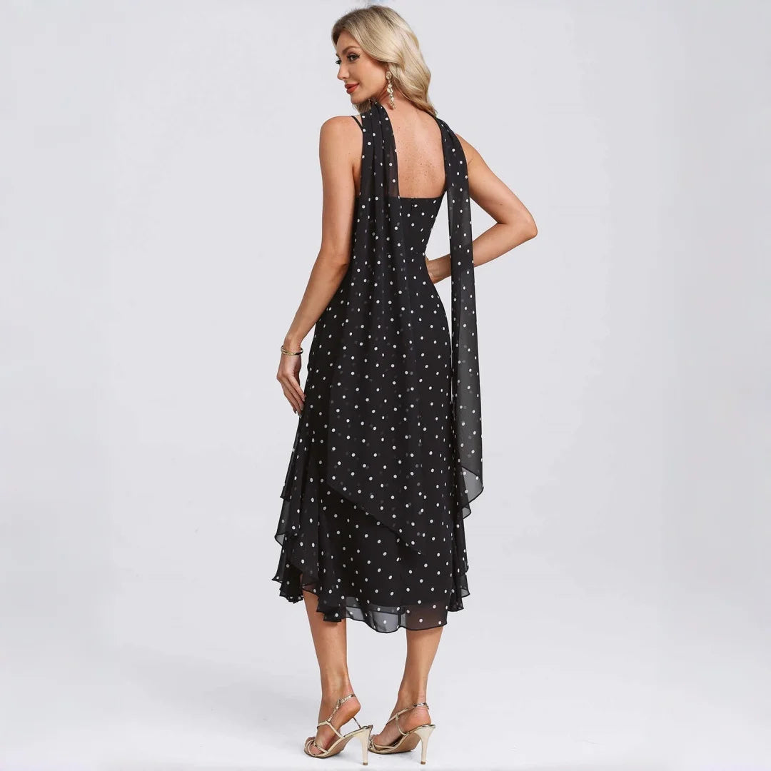 Bridgeport Polka Dot Chiffon Spaghetti Strap Square Neck Mermaid Ruffle Hem Dress