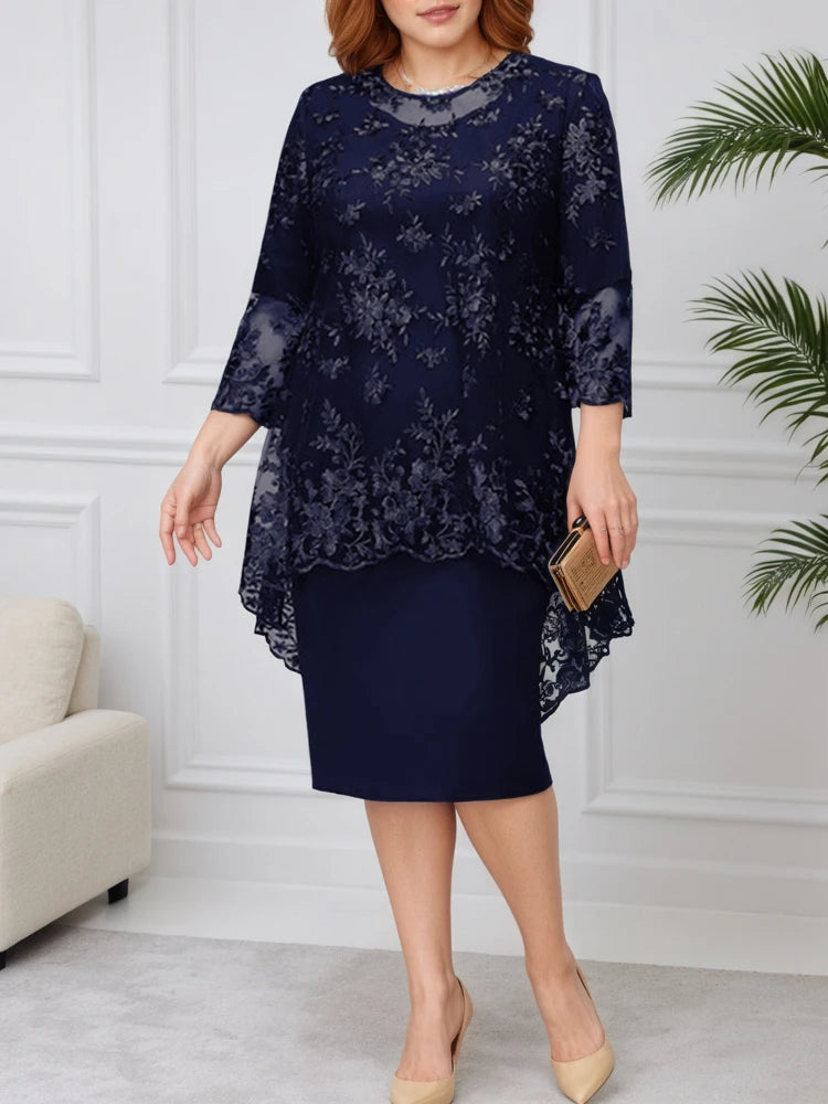 Jackson Plus Size Evening Gown Fashion Solid Color Round Neck High Waist Lace Embroidery Dress