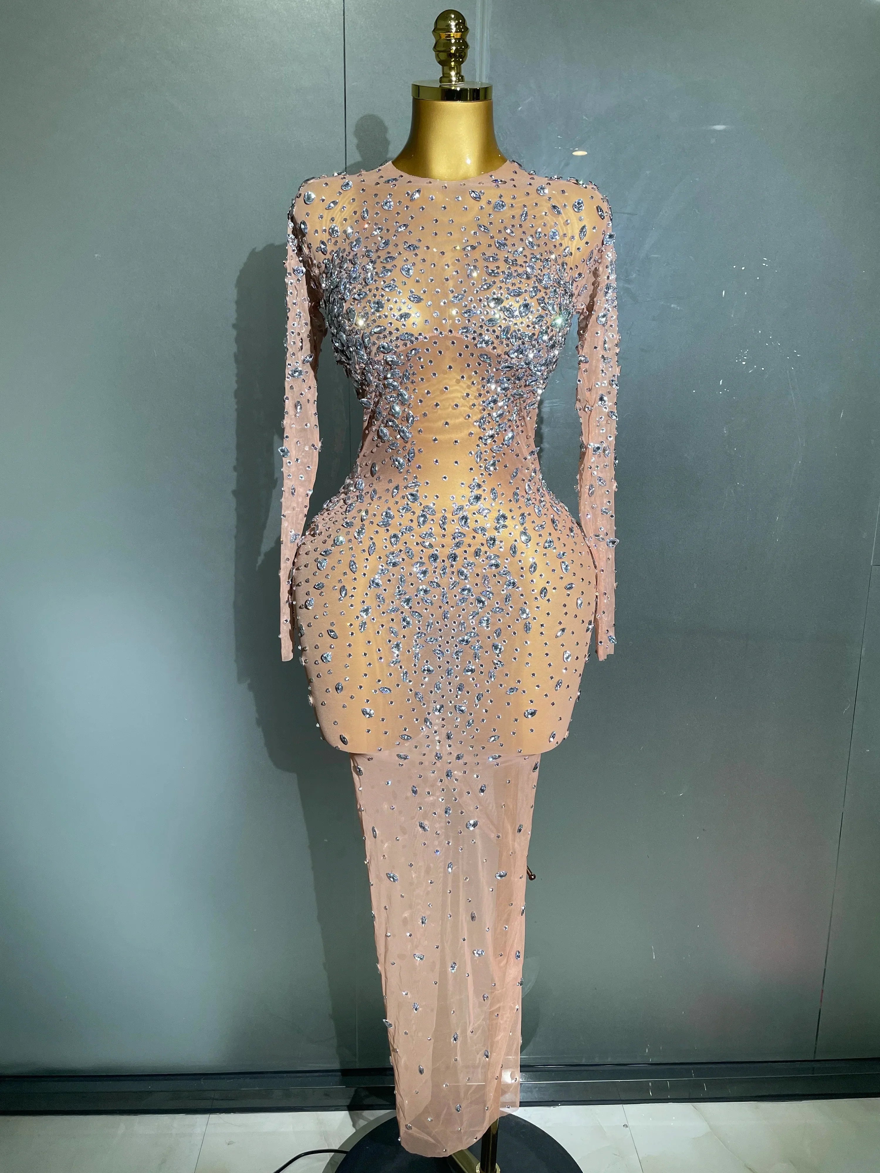 Cumberland Shinny Rhinestone Stretch Mesh Transparent Long Dress