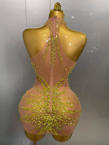 Elmira Rhinestones Sexy Mesh See Through Dress Party Evening Dress