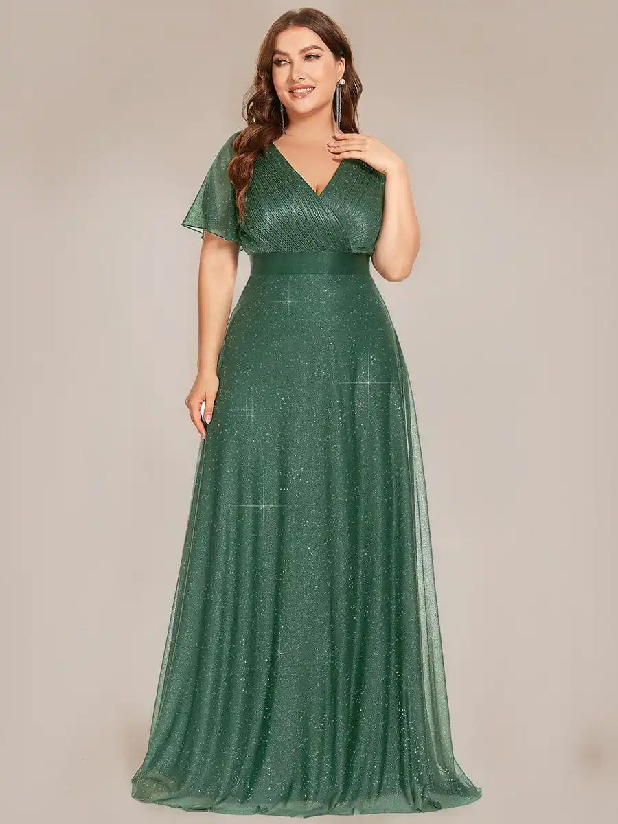 Gazcue Plus Size Chiffon Mother of the Bride Party Glitter V Neck A Line Dress
