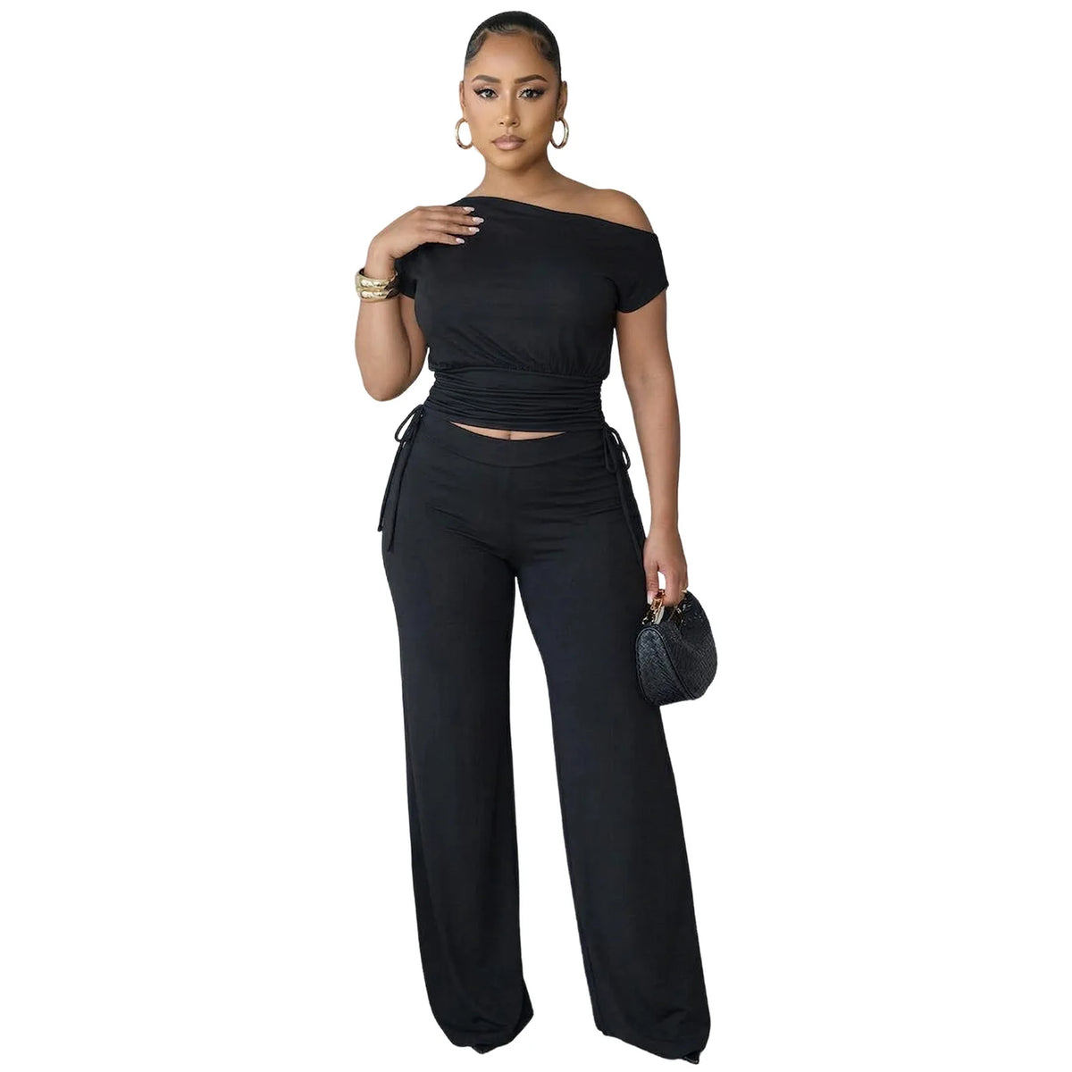 Naomi Pleated Asymmetric Neckline TWo Piece Sets