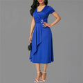 Seattle Solid Color Short Sleeve V Neck Asymmetric Hem Waist Midi Party Dress