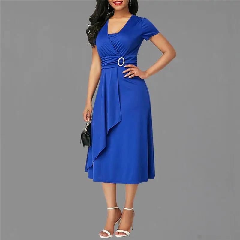 Seattle Solid Color Short Sleeve V Neck Asymmetric Hem Waist Midi Party Dress