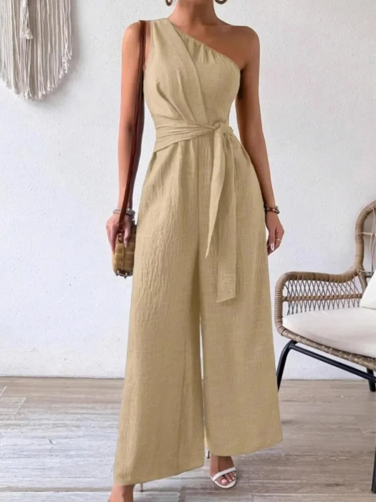 Detroit Fashion Sleeveless Diagonal Collar High Waist Lace-up Wide Leg Jumpsuits