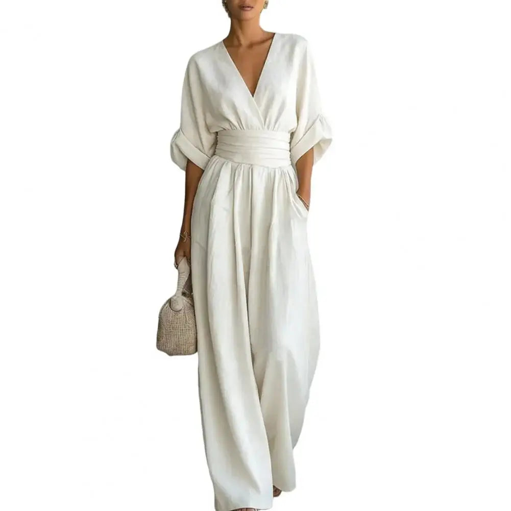 Women's Jumpsuit Fashion High Waist V-neck Casual Jumpsuits Sexy Solid Color Office Wide Leg Trousers Overalls Vacation Outfit