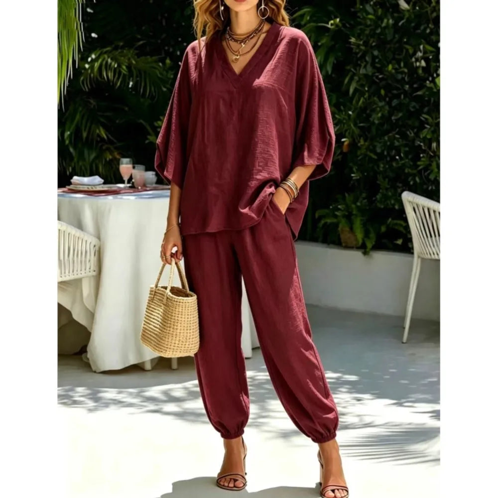 Bianca Loose Batwing Sleeve V Neck Two Piece Sets