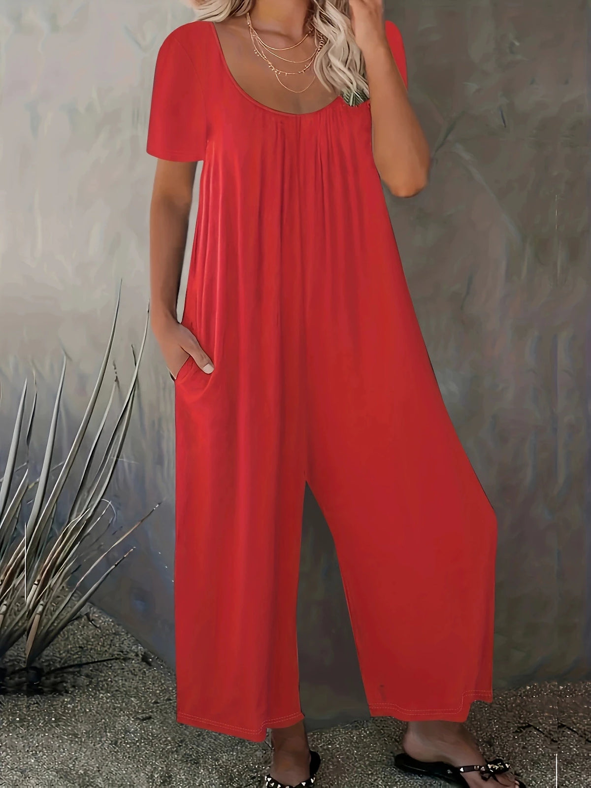 Plus Size Summer Women's Solid Color Jumpsuit with Pockets Casual Fashion