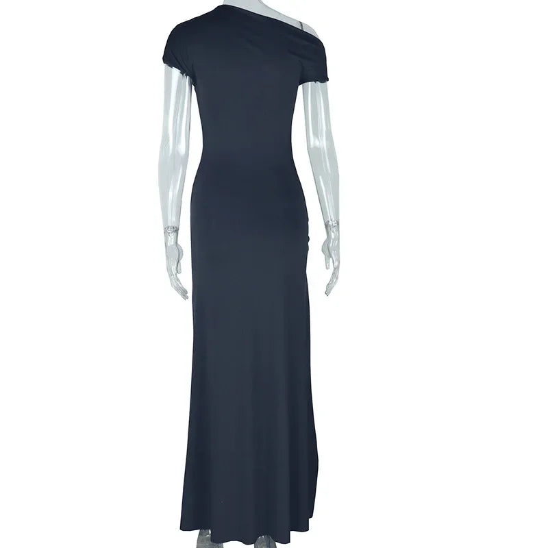 Milan Skew Collar Ruched Sexy Street Slim Evening Night Club Long Maxi Dress