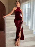 Burgundy Velvet Halter Neck Mermaid Gown High Neck Split Evening Party Dress