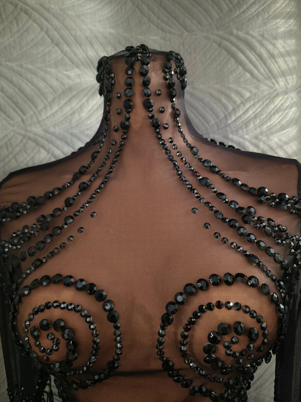 Carbondale Sparkly Rhinestone Tassel See Through Mesh Mini Dress