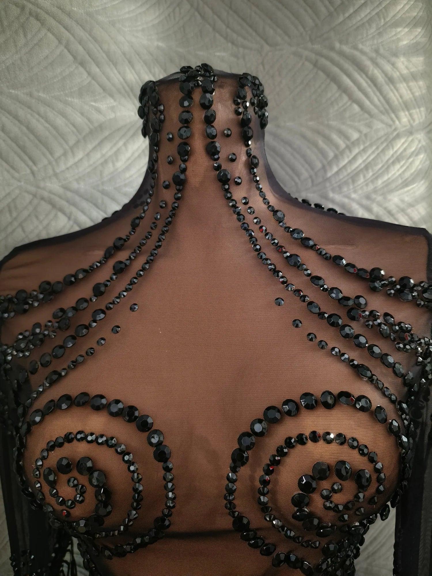 Carbondale Sparkly Rhinestone Tassel See Through Mesh Mini Dress