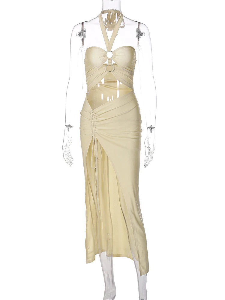Honolulu Satin Solid Halter Backless Draped Hollow Out Shirring Bandage Slim Maxi Dress