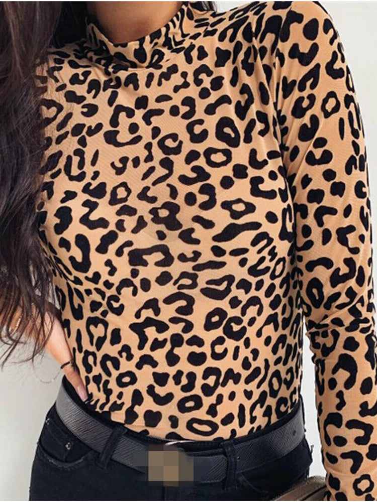 Hudson Yards Leopard Print Turtle Neck Blouse Autumn Long Sleeve Tops