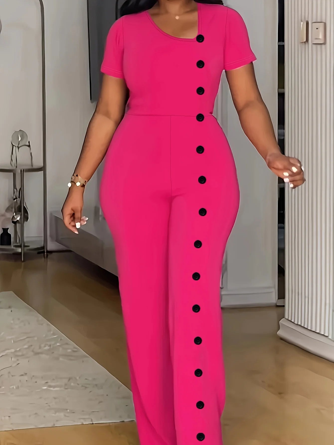 Lake Orion Formal Short Sleeve Buttoned Office Straight Jumpsuit