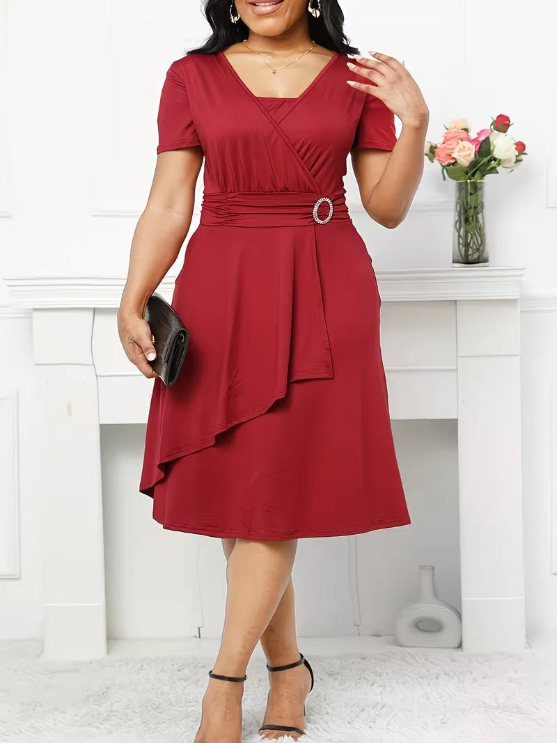Plus Size Elegant Square Neck Casual Fit And Flare Solid Color Cocktail Party Midi Dress