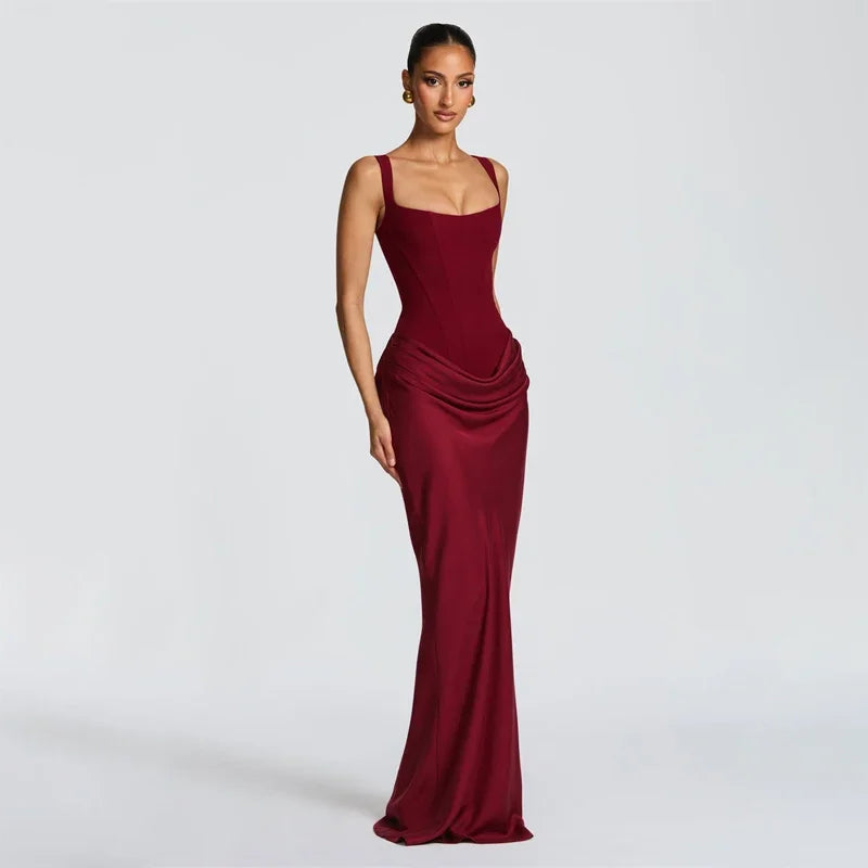 Tapansee Solid Sexy Pleated Strapless Off Shoulder Backless High Waist Split Maxi Dress