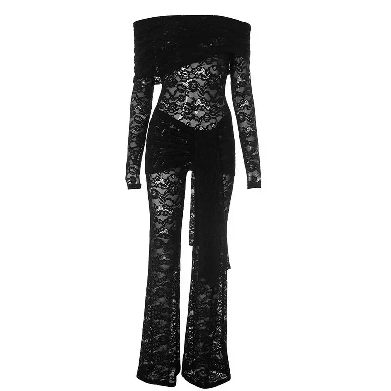Westport Lace Sexy See Through Off-shoulder High Waist Club Party Jumpsuits
