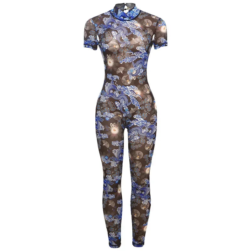 Auburn Hollow Out Playsuits Female Nightout Fashion Mesh Thin Sheer Jumpsuits
